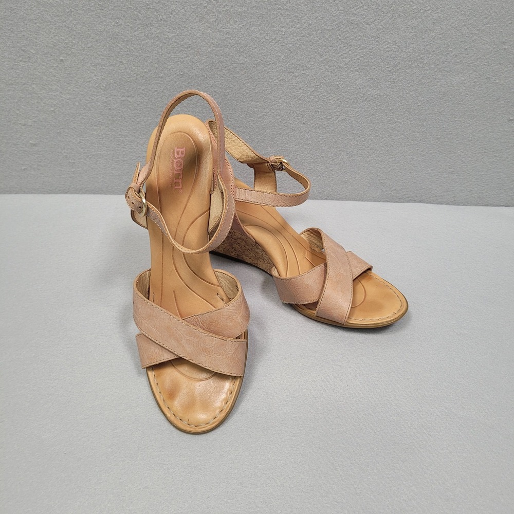 Born Tan Leather Cork Wedge Sandals Ankle Strap D93228 Womens 10M - Picture 2 of 11
